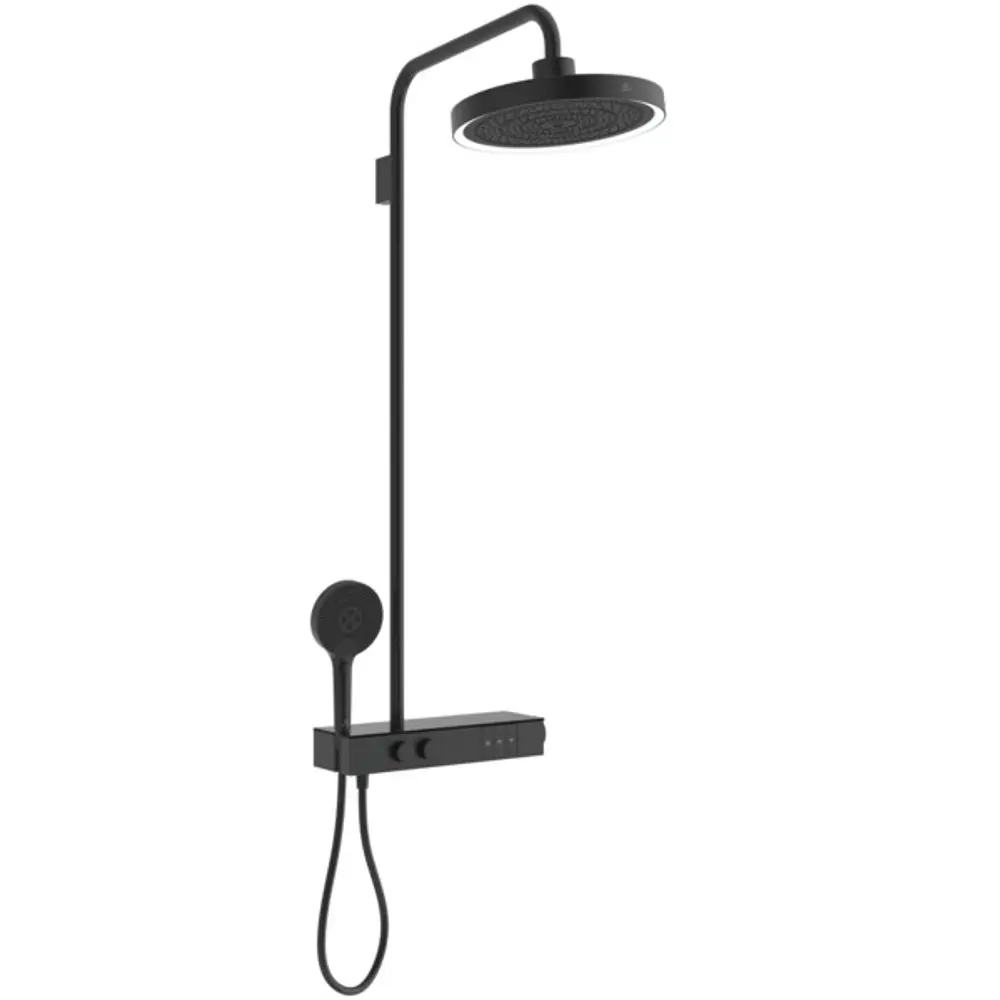 Duschsystem in Schwarz mit Brausethermostat und LED-Leuchtring. Von Ideal Standard. Handbrause mit Schlauch und Steuerungseinheit.